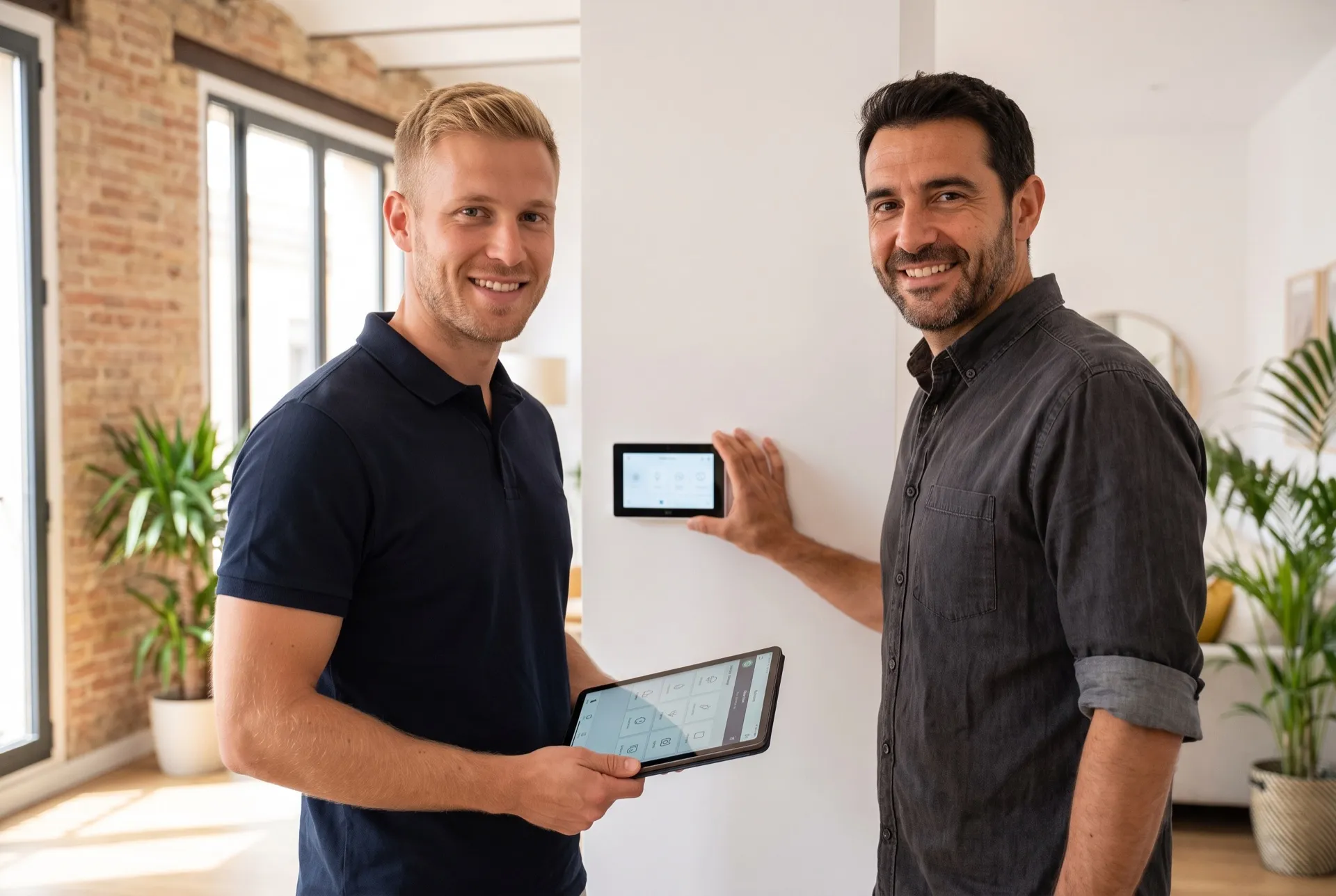 Mario Sánchez y Pedro Serrano, fundadores de Lumiox, en una instalación domótica en Barcelona